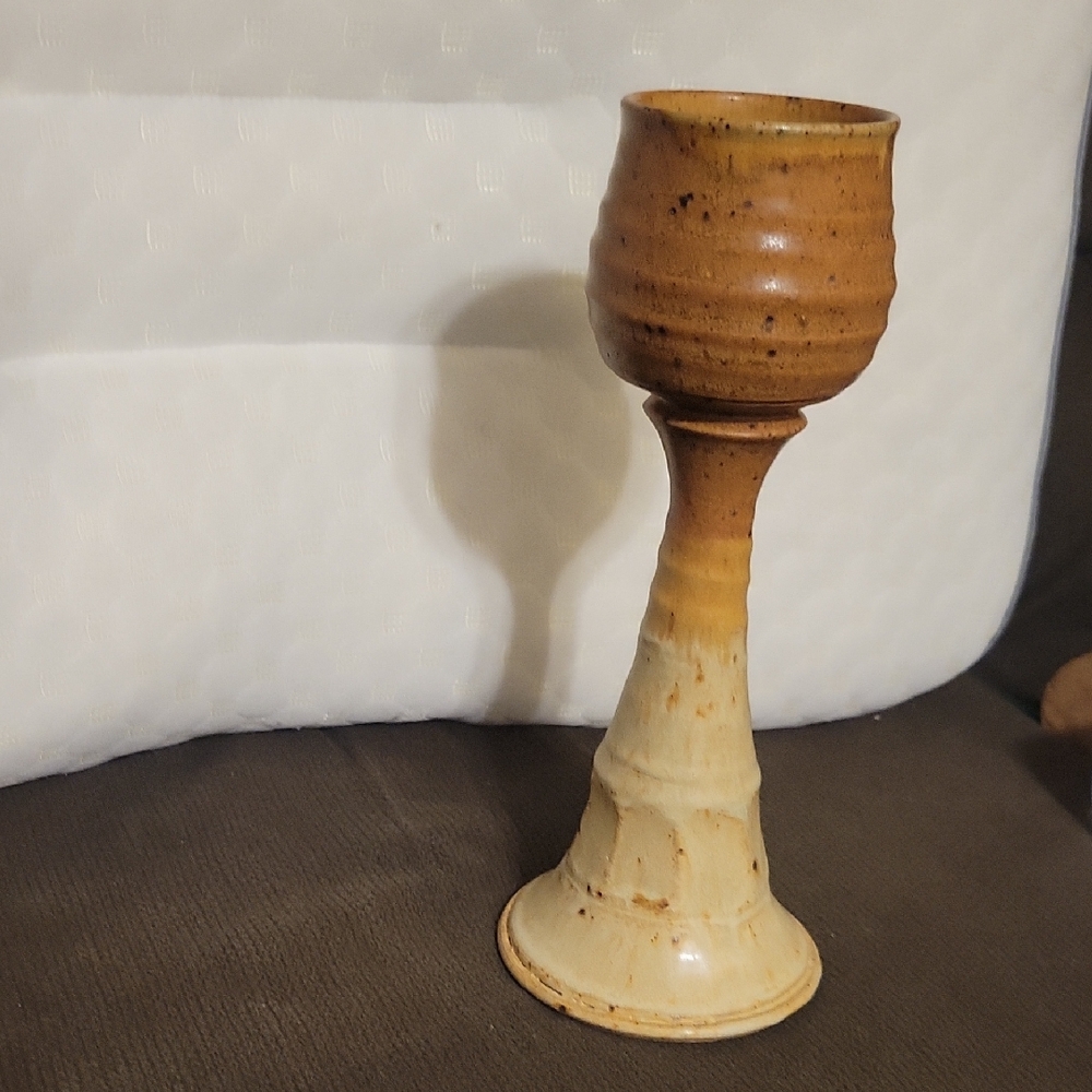 Rustic Brown and Cream Ceramic Goblet 2 3/4 X 9 1/2".